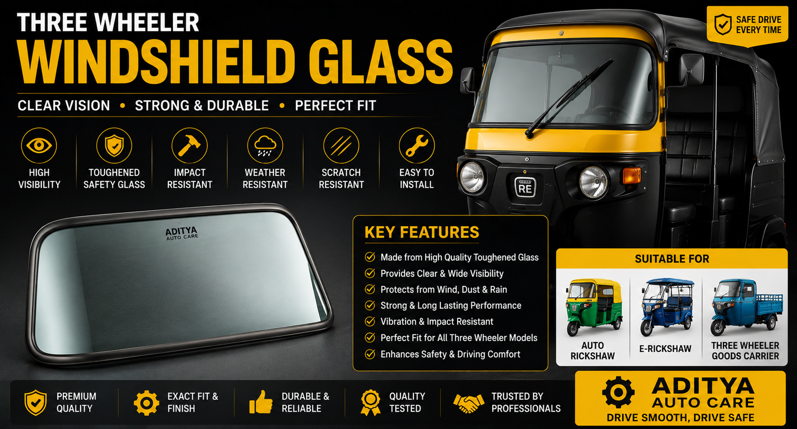 Three Wheeler Windshield Glass
